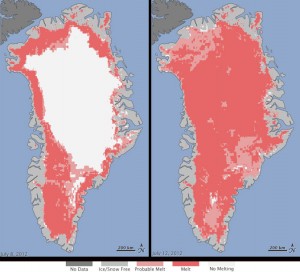 NASA observed rapid thawing on the surface of the Greenland ice sheet in July 2012.