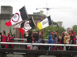 At the Walk for Reconciliation, Vancouver.  Banners and drummers.