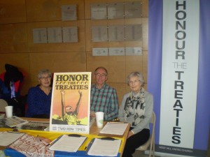 Ruth Gill, Morlan Rees and Dorothy Hirlehey at the Honour the Treaties petition table at Trent University in Peterborough. Photo by Steve Watson. 