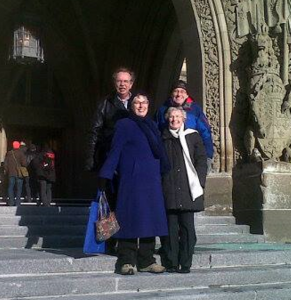 Steve Watson, Ruth Gill, Morlan Rees and Dorothy Hirlehey on Parliament Hill on Nov. 28 when the End the Disparity petition was read into the record. Photo by Gretta Vosper