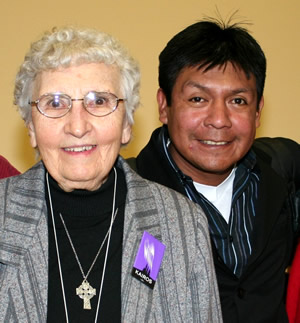 Flaminio Onogama Gutierrez with Sister Angie Martz at the KAIROS Beat the Drum for Indigenous Rights event in St John, New Brunswick, Dec 5 2010.