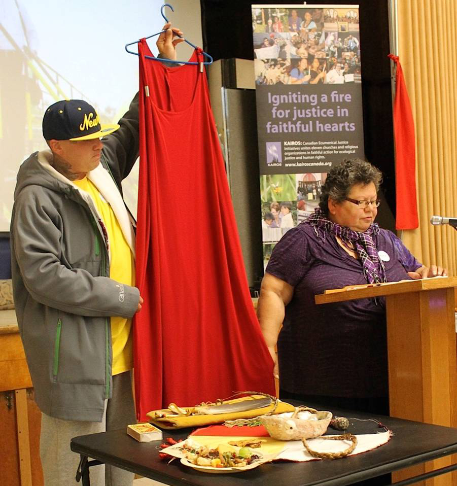 Two of feast participants speak about the REDress Project that creates a visual reminder of Indigenous women who have been murdered or gone missing.