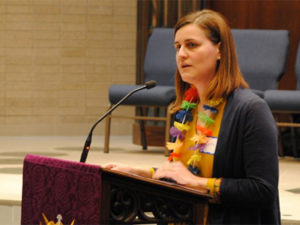 Beth Lorimer, ecological justice program co-ordinator for KAIROS Canada, delivers a reflection at a service for World Day of Prayer 2018 at St. Andrew's United Church, Toronto, Friday, March 2
