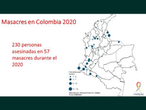 Map of Colombia indicating where 57 massacres happened since January 1, 2020.