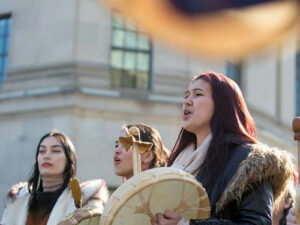 Indigenous women, pictured Feb. 24, 2020, leading a protest in Ottawa in support of the Wetʼsuwetʼen nation and against the building of the Coastal Gasoline pipeline through their traditional territory. The Hill Times photograph by Andrew Meade