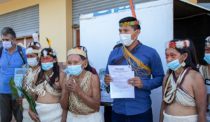 Members of the Waorani Indigenous community of Miwaguno in Ecuador at the filing of the lawsuit on December 10, 2020.