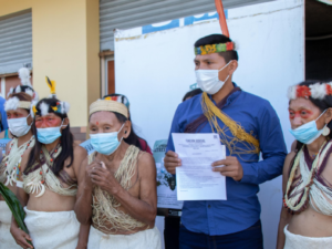 Members of the Waorani Indigenous community of Miwaguno in Ecuador at the filing of the lawsuit on December 10, 2020.