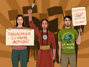 Graphique - trois manifestants exigeant la décolonisation de l'action pour le climat