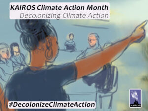 Graphic - Black woman speaking to group seated at table. Text: KAIROS Climate Action Month #DecolonizeClimateAction
