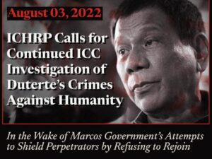 Meme - image of President Durterte with text: ICHRP Calls for Continued ICC investigation of Duterte's Crimes Against Humanity.