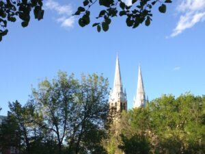 Church spires behind beautiful trees