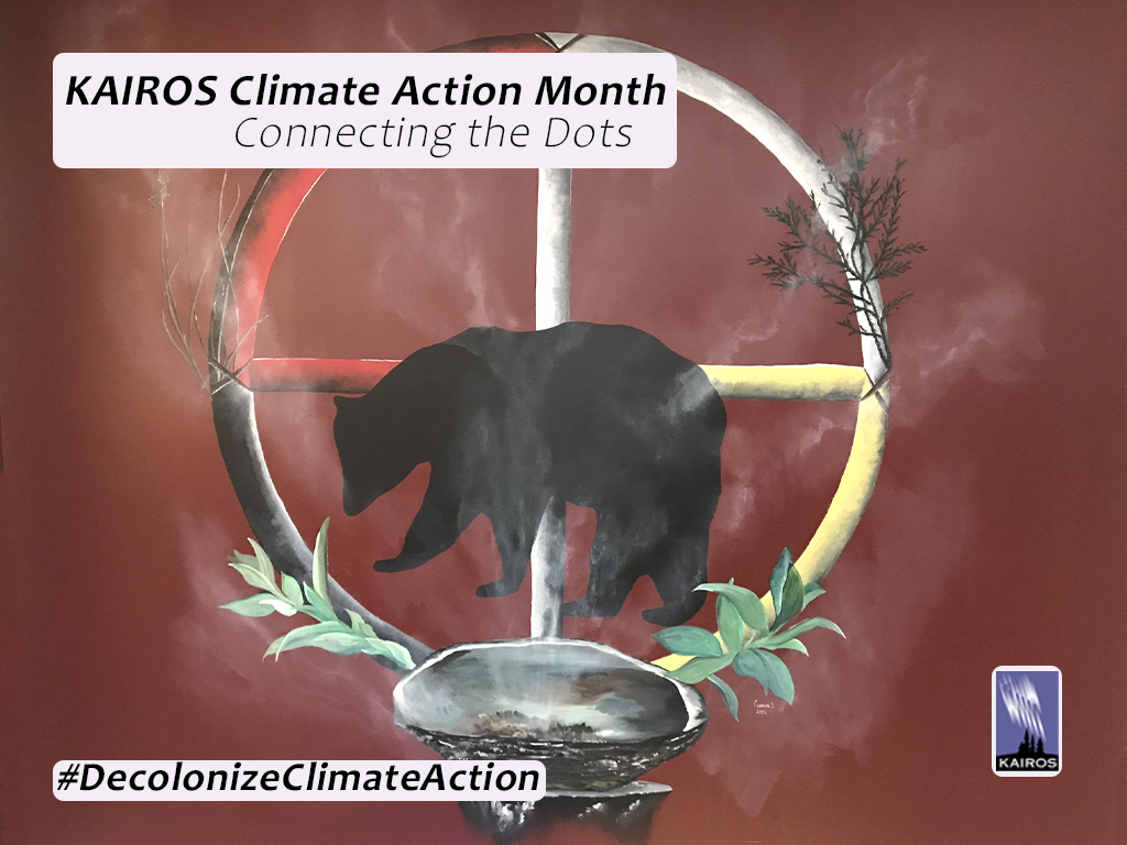 Painting. Image of a bear in the middle of a Medicine Wheel. Text: KAIROS Climate Action Month. Connecting the Dots. Hashtag Decolonize Climate Action