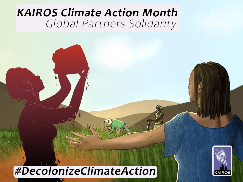 Meme - graphic image of a woman in a drought lifting an empty water canister to mouth and a woman beholding a sustainable crop. Text: KAIROS Climate Action Month - Global Partners Solidarity. Hashtag Decolonize Climate Action.