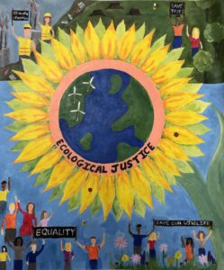 Poster of a large sunflower with small people and images around the edge with ecological justice messages