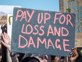 Sign reading "PAY UP FOR LOSS AND DAMAGE
