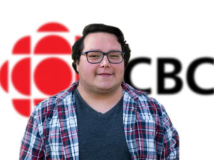 Clifford Mushquash in front of the CBC logo