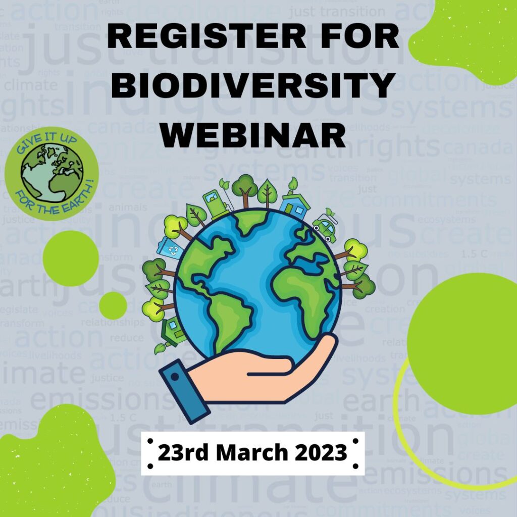 hand holding a globe with the words "Register for Biodiversity Webinar"
