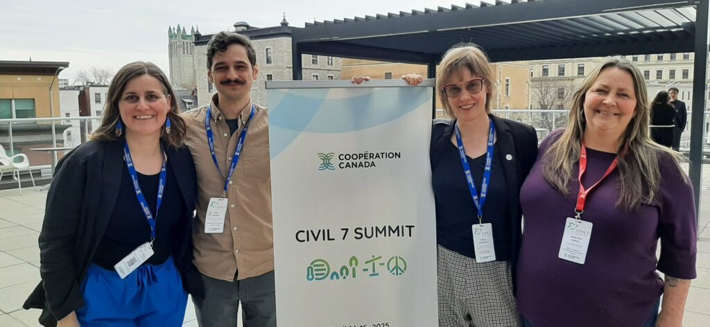  Beth Lorimer (KAIROS), Dean Detloff (Development and Peace, Cheryl McNamara (KAIROS) and Genevieve Gallant (ORCIE - Office of Religious Congregations for Integral Ecology) at the C7 Summit at the Ottawa Art Gallery.